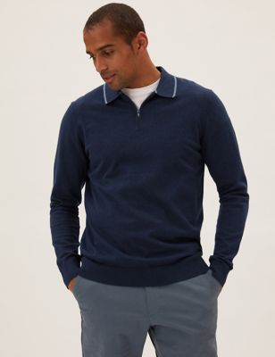 Cotton Rich Zip Neck Knitted Polo Shirt