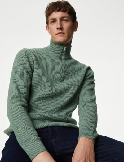 Cotton Blend Textured Half Zip Funnel Neck Jumper M S Collection
