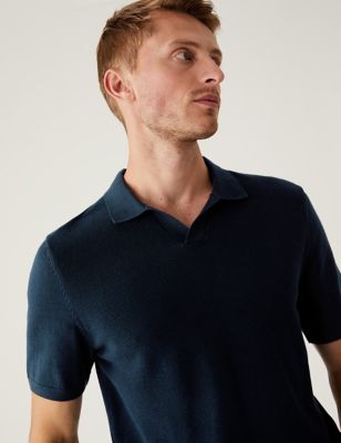 Cotton Rich Open Collar Knitted Polo Shirt