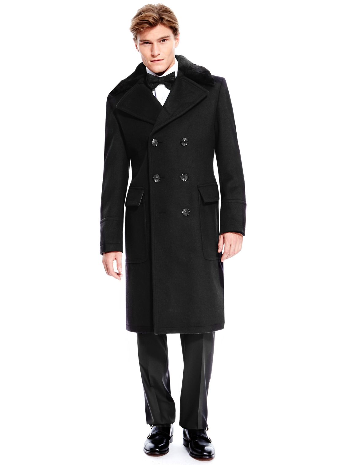 Best Of British Pure Wool Tailored Fit Double Breasted Coat Black ...