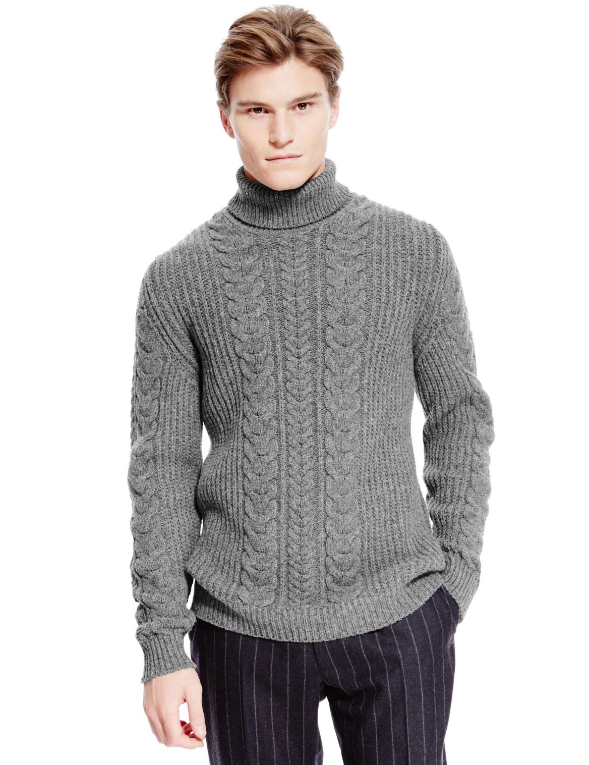 Best Of British Pure Lambswool Chunky Cable Knit Roll Neck Jumper ...
