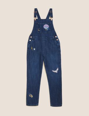 GIRLS M&S BLUE DENIM DUNGAREES WITH STAR DETAILS BNWT GIFT PRESENT 7-8 YRS 