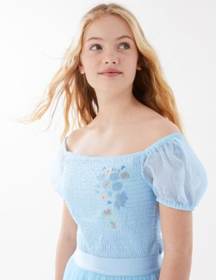 Shirred Flower Embroidered Top (6-16 Yrs)