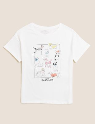 Pure Cotton Dog Print Slogan T-Shirt (6-16 Yrs)