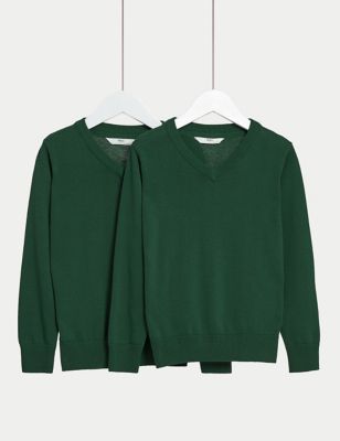 Kids/Boys/Girls V Neck Cotton Rich Long Sleeve Green Jumper School Uniform Unisex 