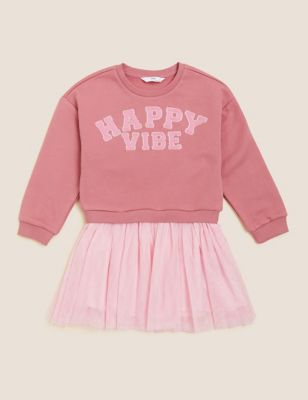 Cotton Rich Happy Vibe Slogan Sweat Dress (2-7 Yrs)