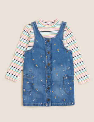 Girls Denim Dress Set Outfit Pinafore Casual 2 3 4 5 6 7 8 Years NEW RRP £14 