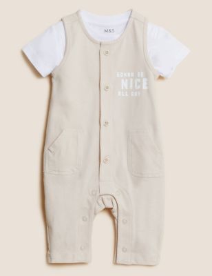 2pc Pure Cotton Slogan Dungarees Outfit (0-3 Yrs)