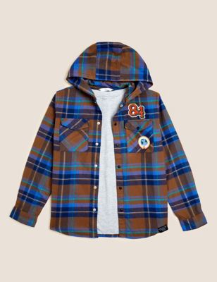 Pure Cotton Checked Hooded Shirt and T-Shirt (6-16 Yrs)