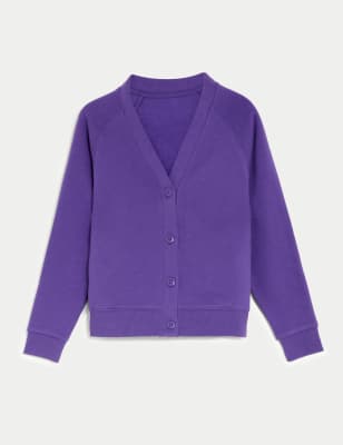 purple school cardigan