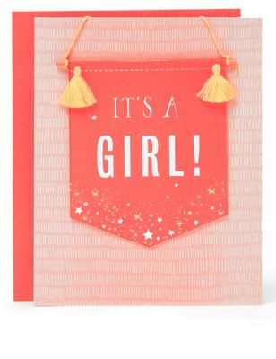 Birth Congratulations Card for a Girl - with Hanging Banner