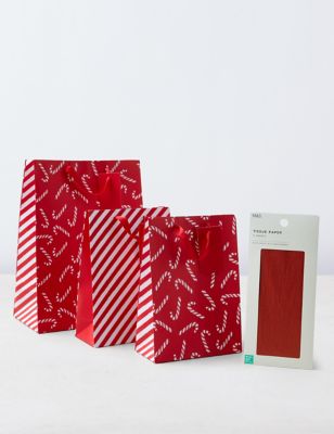 Candy Cane Themed Christmas Gift Bag Trio & Tissue Pack