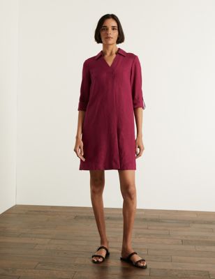 Pure Linen V-Neck Knee Length Shift Dress