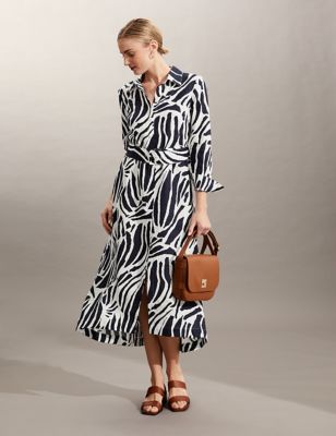 Pure Linen Zebra Print Midi Shirt Dress