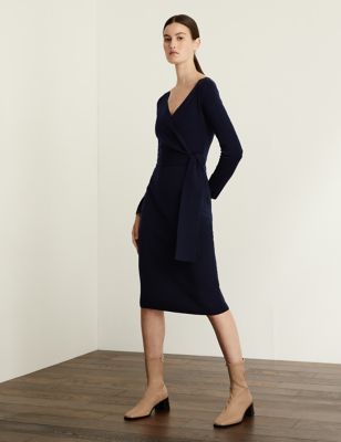 Pure Merino Wool V-Neck Midi Wrap Dress