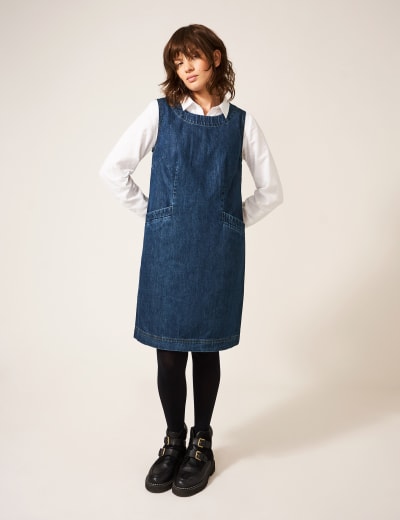 Denim Square Neck Midi Pinafore Dress White Stuff M S