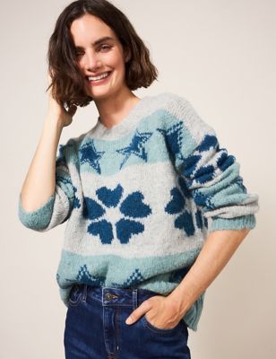 Star & Floral Crew Neck Jumper with Mohair