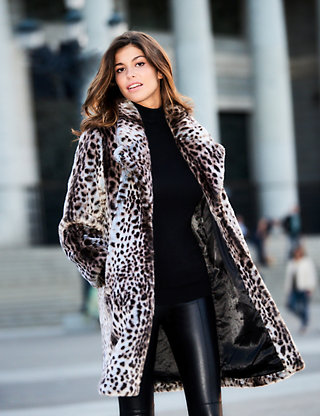 Faux Fur Leopard Print Coat Sosandar, Animal Faux Fur Long Coat