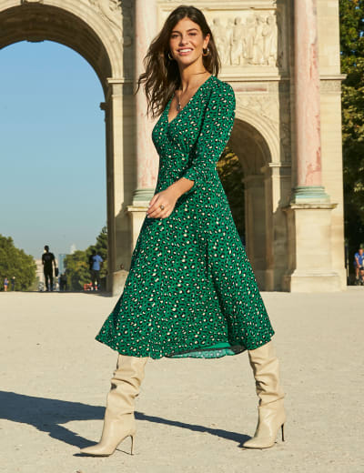 Green - Floral - Crew neck - Unlined - Modest Dress