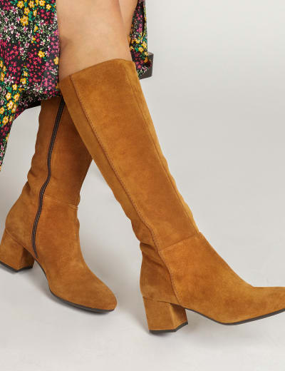 Suede knee high boots tan discount
