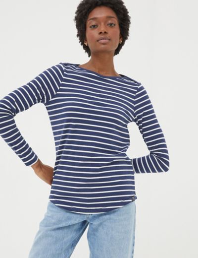Cotton Rich Striped Ribbed Henley Short Sleeve Top, M&S Collection