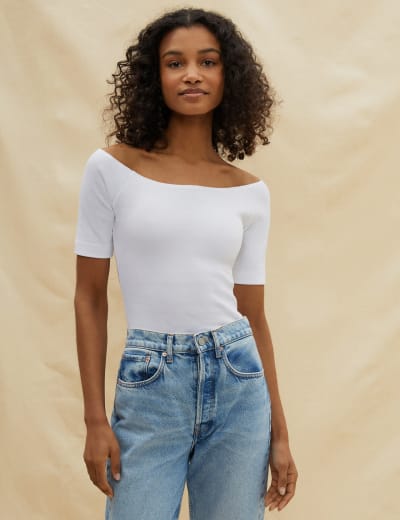 White off the shoulder jean jacket deals
