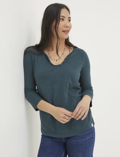 Women's Organic Cotton Tee, Smocked Notch-Neck Short-Sleeve