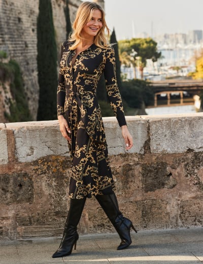 Chain Print Belted Midi Shirt Dress