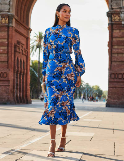 Printed High Neck Belted Midi Waisted Dress SOSANDAR M S