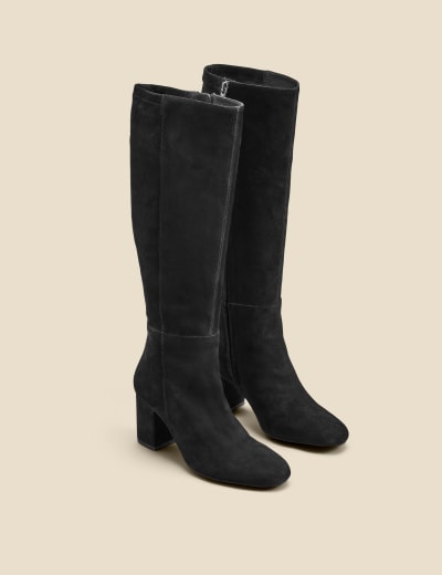Suede Block Heel Round Toe Knee High Boots SOSANDAR M S