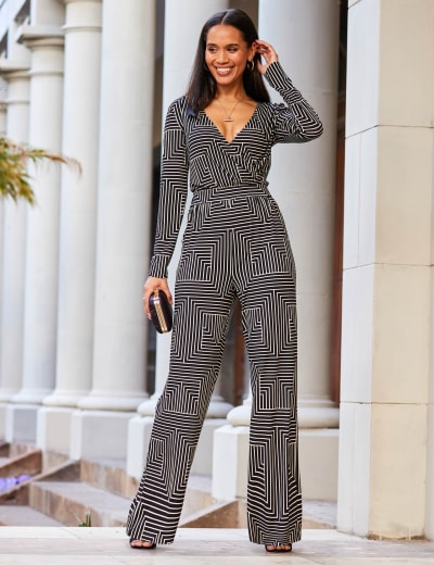 Women's Petite Sequin Flared Sleeve Wide Leg Jumpsuit