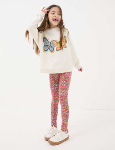 Cotton Rich Ribbed Floral Flared Leggings (2-8 Yrs), M&S Collection