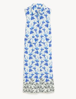 Pure Linen Floral Midi Shirt Dress