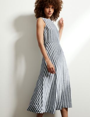 Pure Linen Striped Fit and Flare Dress