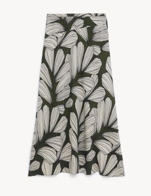 Leaf Print Midi A-Line Skirt
