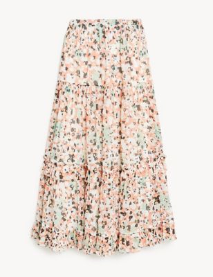 Floral Print Ruffle Midi Tiered Skirt
