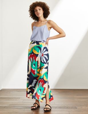 Pure Silk Floral Midi Skirt