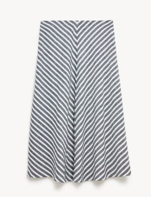 Pure Linen Striped Midi A-Line Skirt