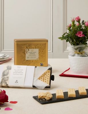 Rose Plant with Luxury Gold Tea & All Butter Shortbread Biscuits Gift