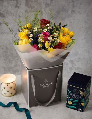 Brighten Your Day Bouquet, Tea & Candle Gift