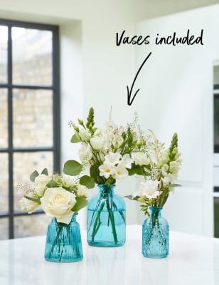 Ready To Arrange Flowers with Blue Bud Vase Trio
