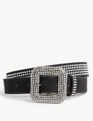 M&S Collection Faux Leather Crystal Jeans Belt - XS - Black, Black