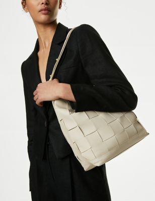 M&S Womens Leather Woven Shoulder Bag - Black, Black
