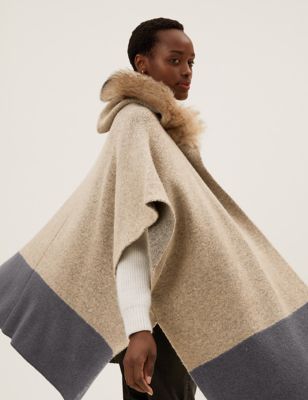 M&S Womens Faux Fur Trim Hooded Poncho