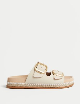 M&S Womens Leather Double Buckle Flatform Sandals - 6 - Ivory, Ivory,Black