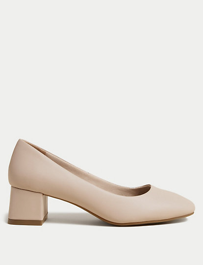 M&S Collection Wide Fit Block Heel Square Toe Shoes - 7 - Opaline, Opaline