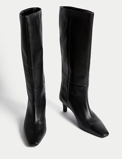 M&S Collection Leather Kitten Heel Knee High Boots - 5 - Black, Black