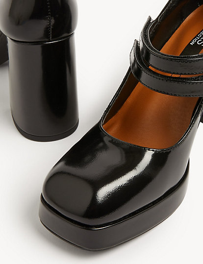 M&S Collection Leather Patent Platform Court Shoes - 5 - Black, Black