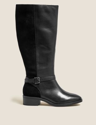 M&S Womens Wide Fit Leather Block Heel Knee High Boots