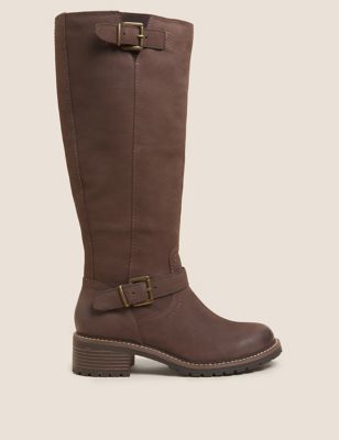 M&S Womens Wide Fit Leather Chunky Knee High Boots